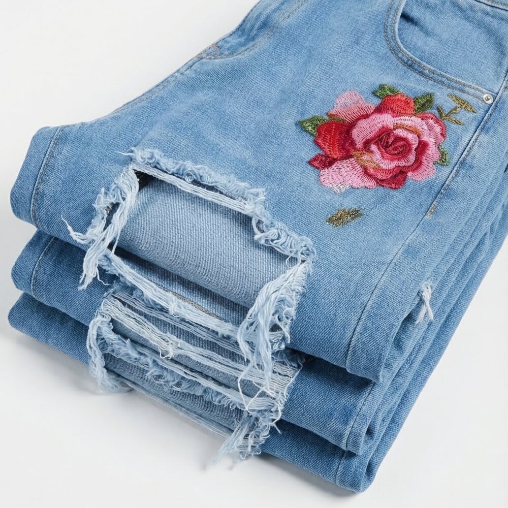 “Street Chic Rose Patch High-Waist Jeans (Size 8)” - Picture 12 of 13